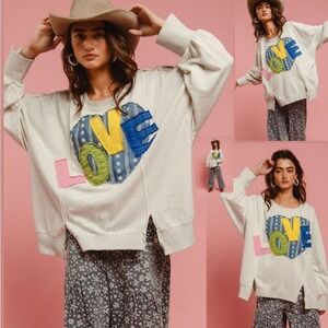 BiBi LOVE‎ Heart Patchwork Slit French Terry Sweatshirt Grey Small